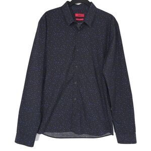 HUGO BOSS Men’s Shirt MEDIUM Black Slim Fit Blue Dot Print Cotton ER03-A-02